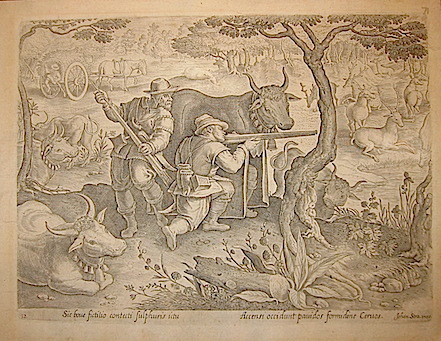 Galle Philip (1537-1612) Sic bove fictilio contecti sulphuris ictu... (Caccia al cervo con l'aiuto dei buoi) 1596 Anversa